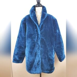 Tudor Court Faux Fur Jacket L Plush Blue Teddy Coat Y2K Streetwear Cozy Core